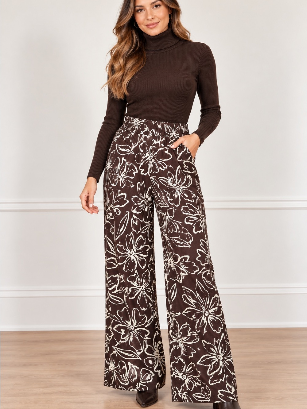 Sincerly Jules Brown Wide-Leg Floral Pants with Cream Print